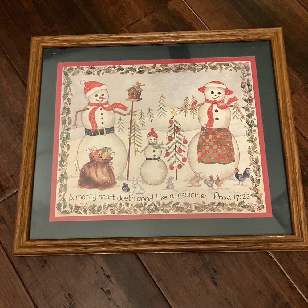 Vintage Home Interiors Snowman Framed Art Print Proverbs 17:22 Christmas Decor